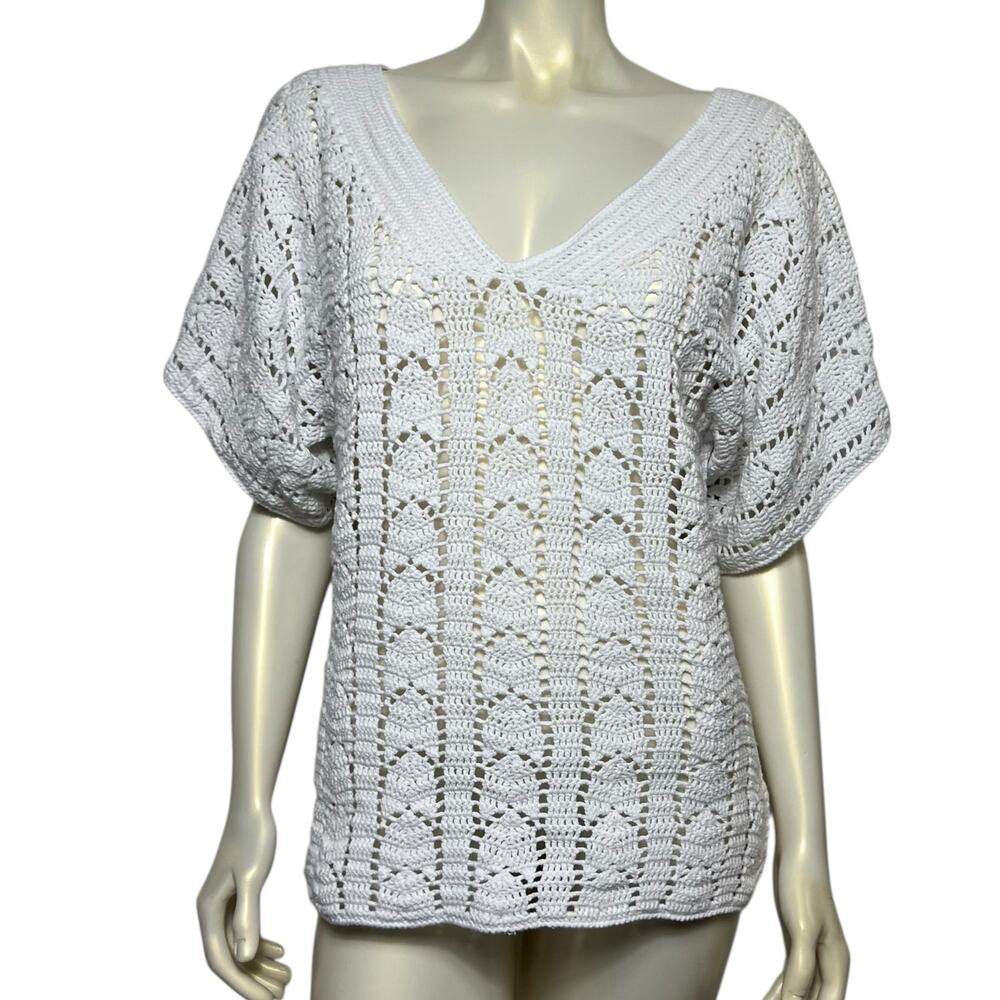 Escapade White Crochet Top Size L Cotton Short Sleeve